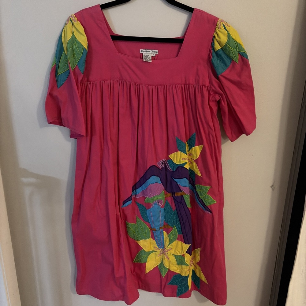 VINTAGE SOUTHERN IMAGE 100% COTTON PINK EMBROIDERED FLORAL BIRD DRESS SZ M